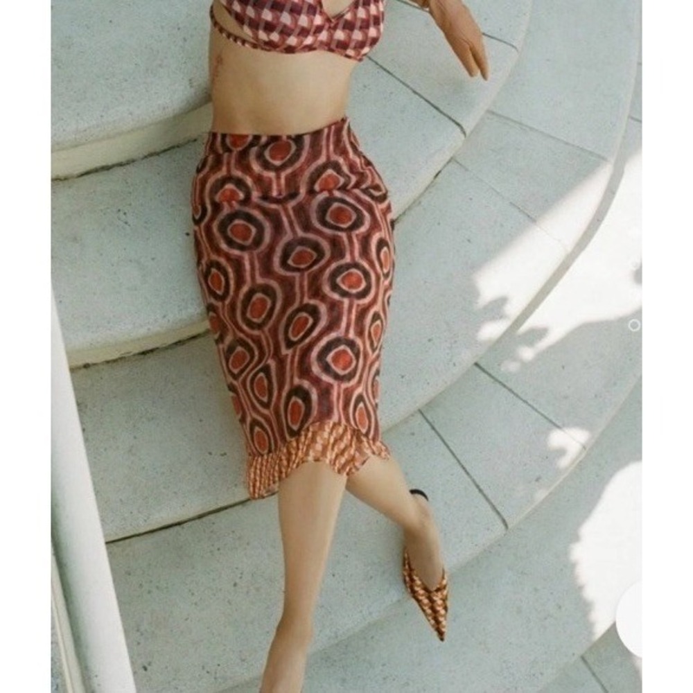 Zara Organza XS Printed Tulle Midi Skirt Orange Brown retro boho glam chic
